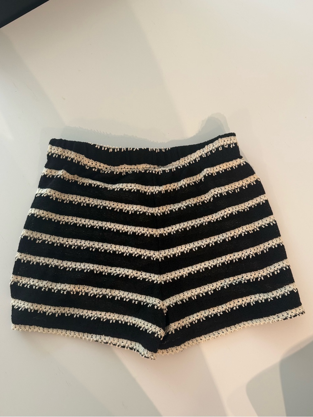 Crochet Striped Knit Women's Shorts in Black and Cream